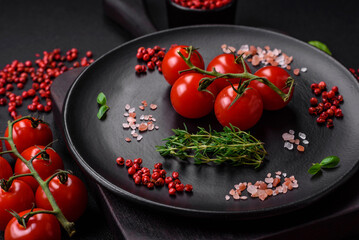 Ingredients for cooking cherry tomatoes, salt, spices and herbs