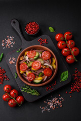 Delicious fresh salad with beef slices, cherry tomatoes, sweet peppers