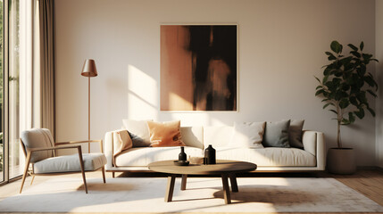 Stylish Living Room Interior with an Abstract Frame Poster, Modern Interior Design, 3D Render, 3D Illustration