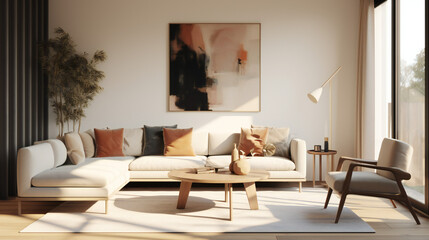Stylish Living Room Interior with an Abstract Frame Poster, Modern Interior Design, 3D Render, 3D Illustration