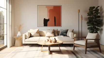 Fototapeta na wymiar Stylish Living Room Interior with an Abstract Frame Poster, Modern Interior Design, 3D Render, 3D Illustration