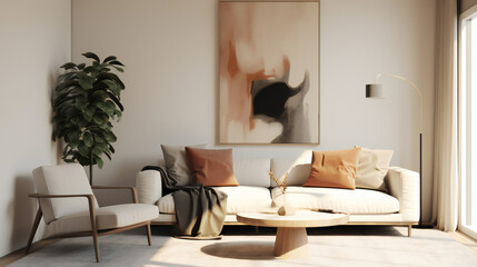 Stylish Living Room Interior with an Abstract Frame Poster, Modern Interior Design, 3D Render, 3D Illustration