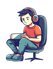 boy sitting with headphones, using video game