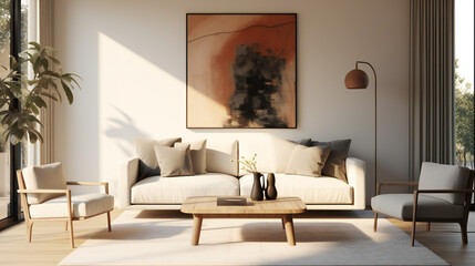 Stylish Living Room Interior with an Abstract Frame Poster, Modern Interior Design, 3D Render, 3D Illustration