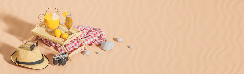 Travel accessories and orange juice on sand background. Summer travel concept.,3d model and illustration.