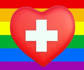 red cross on the rainbow colored red heart shapes 3d rendering 