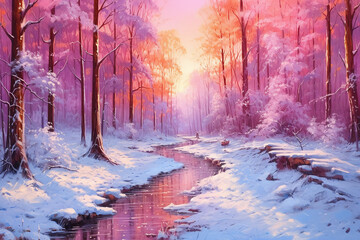 Winter scenery in the nature with snow-covered trees and small river. Beautiful pink morning light.