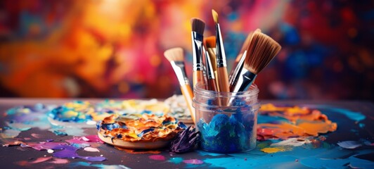 Fototapeta premium Artist art creative background - Glass with many different painting brushes and palette with blobs of acrylic oil paint on table (Generative Ai)