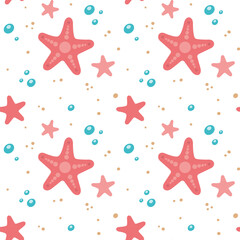 Fototapeta na wymiar Cartoon cute Seamless pattern with starfish, sand, water drops is in doodle style. Vector kids illustration for textile, fabric, clothes. Flat design. Beach, sea shore concept.