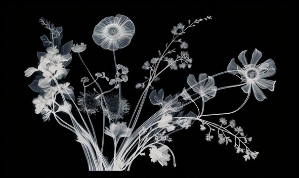  a black and white photo of flowers in a glass vase.  generative ai
