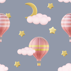  Seamless 3d pattern with air ballon, clouds. moon and stars. 3d stylized illustration. 