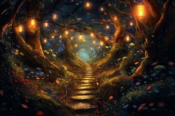 An enchanting forest path illuminated by lanterns wallpaper
