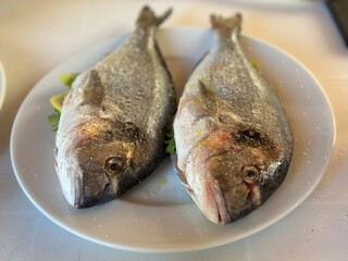 Preparation fish on the grill with a lemon on the plate. Croatian fish from a fish market
