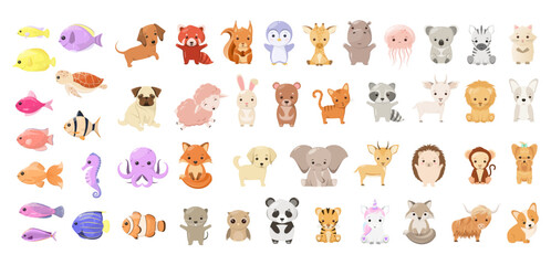 A set of cute animals on a white background. Cartoon style.
