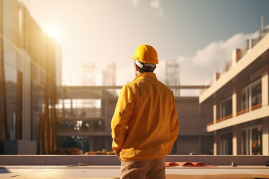 construction worker standing on the front of building, labor standing on front of building structure