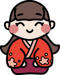 デフォルメした笑顔で正座する着物の女性のイラスト