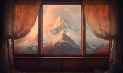  a painting of a mountain seen through a window with curtains.  generative ai
