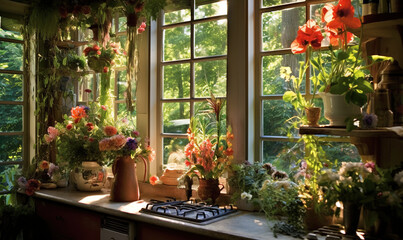 Fototapeta na wymiar a kitchen counter topped with lots of potted plants next to a window. generative ai