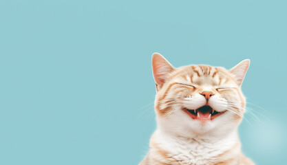 Happy smiling cat on blue green background