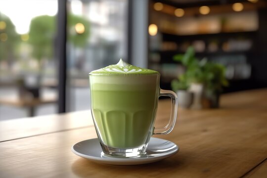 A frothy matcha latte in a glass cup