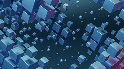 3d abstract background. blue metal cubes levitate in space. copy space. 3d rendering