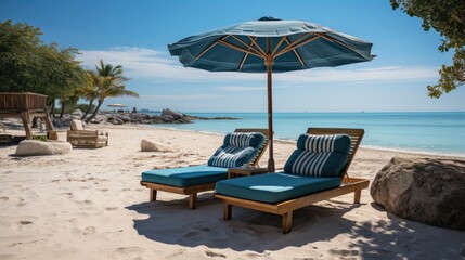 Empty lounge chairs with umbrellas. Generative AI