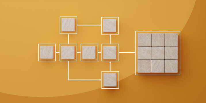 Cubes with lines connecting diagrams on yellow background. workflow and process automation flowchart. Wooden cubes representing work process management and target icon on orange background.