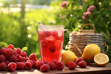 A glass of raspberry lemonade on a garden table wallpaper