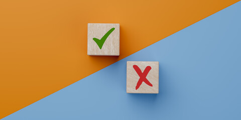 Green tick and red cross on backgrounds of different colors. Concept of positive or negative...