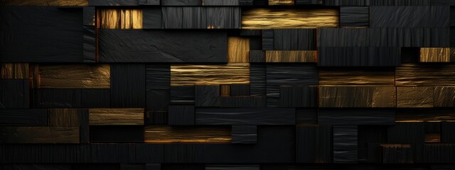 Abstract dark geometric luxurious noble gold black 3d texture wall with squares and rectangles background banner illustration, textured wallpaper  (Generative Ai)