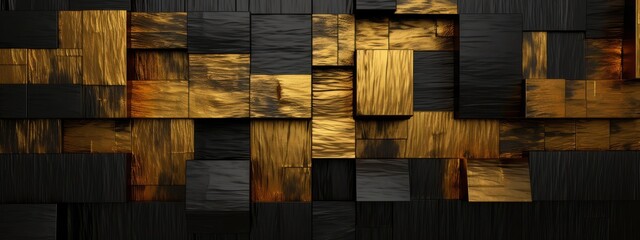 Abstract dark geometric luxurious noble gold black 3d texture wall with squares and rectangles background banner illustration, textured wallpaper  (Generative Ai)
