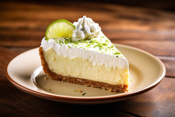Delicious Key Lime Pie on a Wooden Table Created with generative AI tools