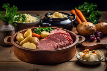 Hearty New England Boiled Dinner on Wooden Table - Created with Generative AI Tools