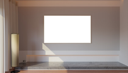 Mock up Television on beige wall in room. Watching online TV. TV 8K flat screen oled with White blank screen. TV mockup. 3d rendering