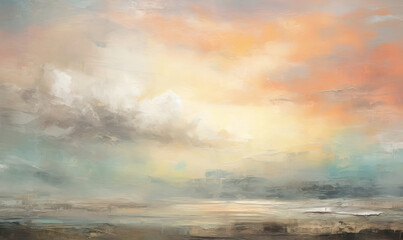 Plakat a painting of a sunset with clouds in the sky and a boat in the water. generative ai