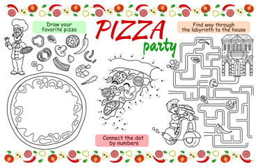 Festive placemat for children. Printable sheet "Pizza party" with a labyrinth, connect the dots, and a coloring page. 17x11 inch printable vector file