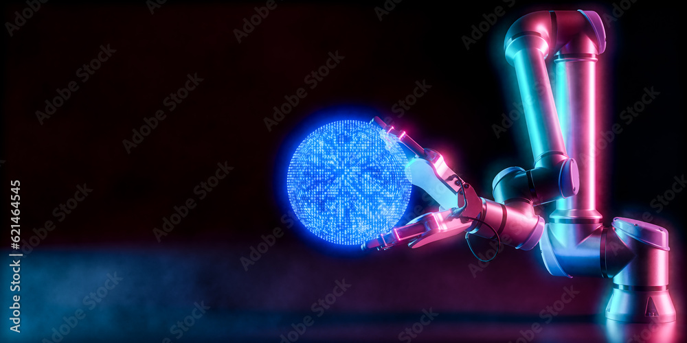 Poster artificial robot arm holding digital sphere. control robotics automatic arms machine in intelligent 