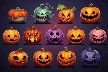 Set of cute cartoon pumpkins. Halloween Jack Lantern Generative AI