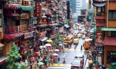  a city street filled with lots of traffic and people with umbrellas.  generative ai