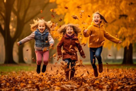 Children Gleefully Jumping Into A Pile Of Fallen Leaves. Created With Generative AI Technology.