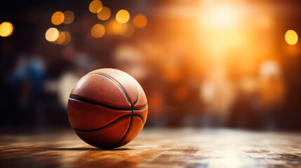 Basketball ball on wooden floor at basketball court with bokeh background