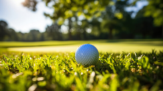 Golf ball on green grass in beautiful golf course with sunshine. Background