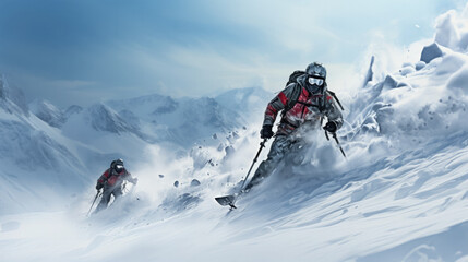 Skiers in the mountains background and copy space 