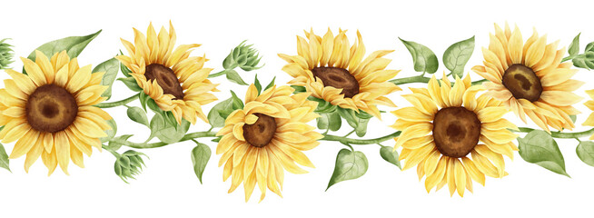 Watercolor hand painted sunflower seamless border. Fall loral horizontal pattern. Yellow flowers, leaves and plants. Autumn arrangement. Botanical illustration.