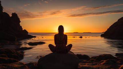 Young woman meditating in lotus position on the beach at sunset,  Background