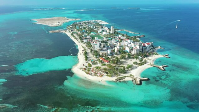 Drone shot of Maafushi island. Maldives on sunny day