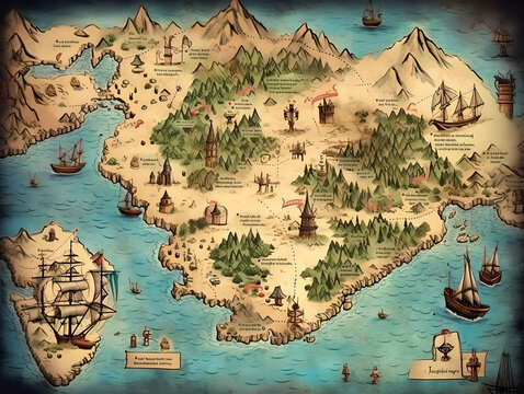pirate map with pirate ships, islands and nautical signs. drawing of an ancient treasure map for medieval epic fantasy adventure