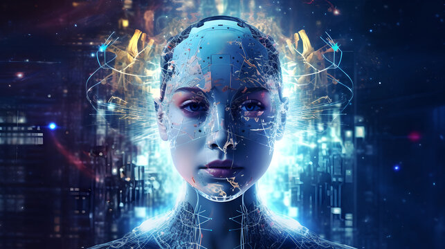Artificial intelligence in humanoid head with neural network thinks. advanced artificial intelligence for the future rise in technological singularity