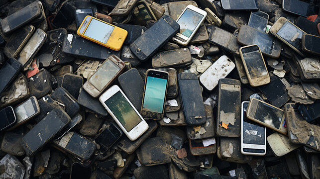 A pile of old and used mobile phones lying on the ground, Generative Ai