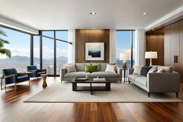 Fototapeta na wymiar Beautiful and large living room interior with hardwood floors, fluffy rug and designer furniture